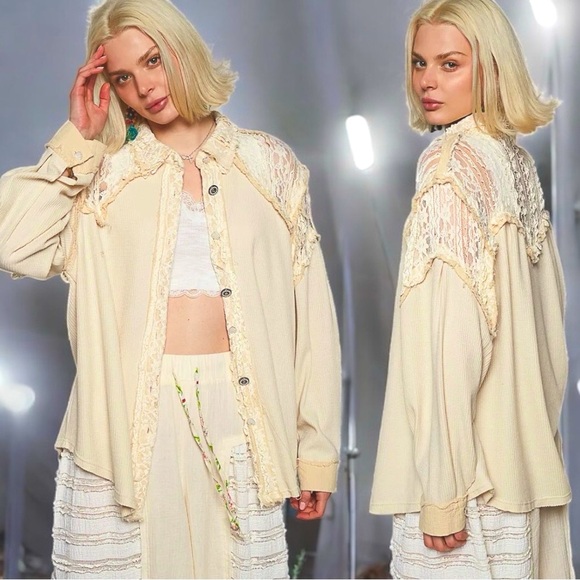 POL Jackets & Blazers - POL Cream Lace Patchwork Button Up Shacket Size Large NEW